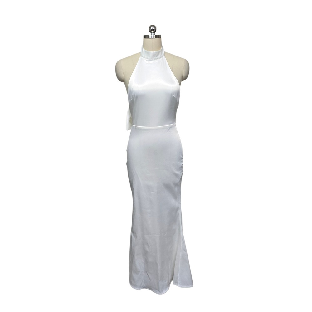 NWT Angel Biba Womens White Halter Neck Open‎ Back Bow Maxi Dress Size Medium